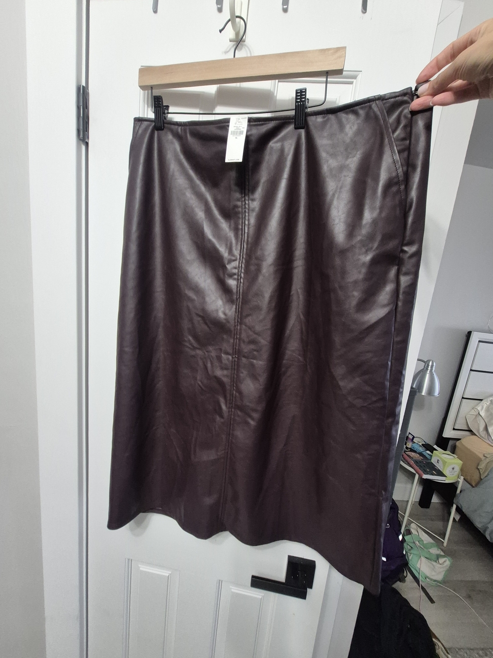 NWT Faux Leather A-Line Midi Skirt in Deep Brown